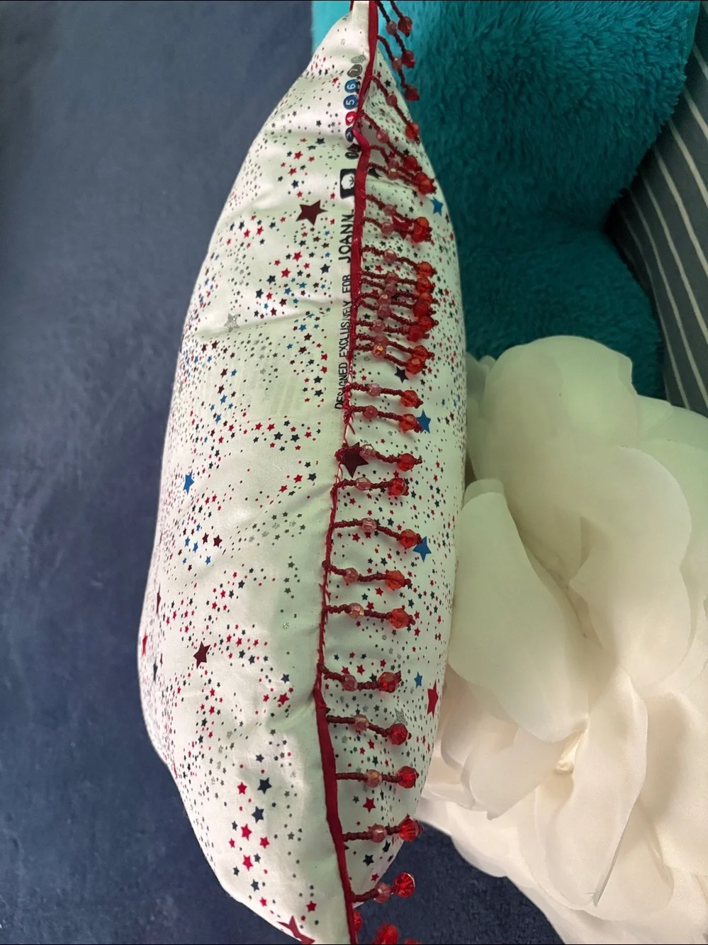 Star Print Decorative Pillow - Red, Blue, Silver Stars on white
